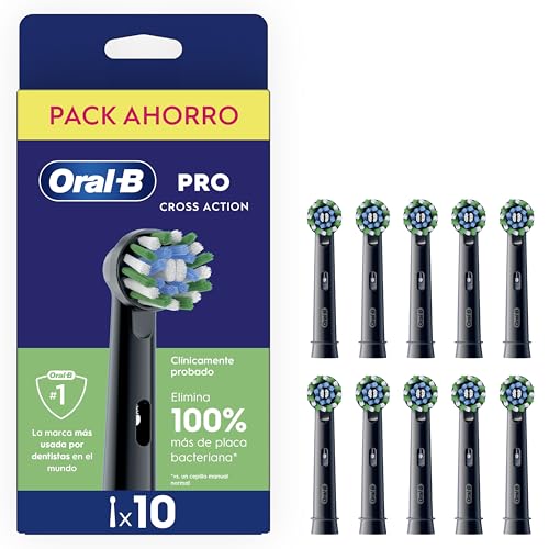 Oral B Pro CrossAction Cabezales De Recambio ORIGINALES para Cepillo Eléctrico Oral B Pro, Pack De 10 Recambios Negros Con Indicador De Uso Y Filamentos En Forma De X Para Una Limpieza Profunda