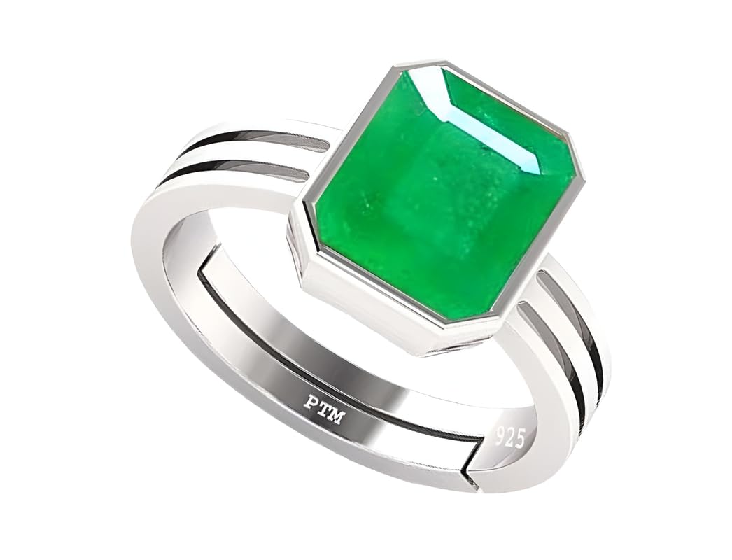 PTM 925 Sterling Silver emerald (panna) 3.25 to 10.25 Ratti or 3.00 to 9.50 carat Astrological Gemstone Bis Hallmark Adjustable Ring for Men & Women