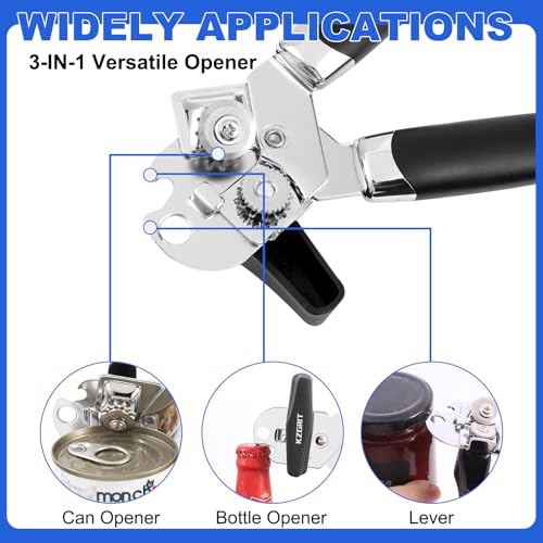 Image of Manual Can Opener, Food-Safe Stainless Steel, Smooth Edge, Tin Lids Jar Bottle Caps Openers with Non-Slip Handle and Ergonomic Turning Knob for Elderly with Arthritis(Black)