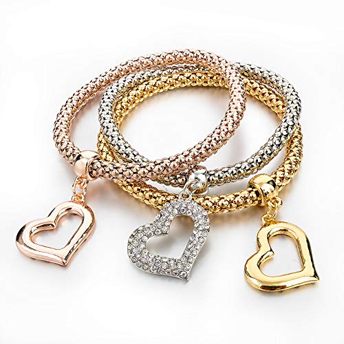Long Way 3Pcs Gold Silver Rose Gold Plated Charm Bracelet for Women Stretch Crystal Multilayer Bracelet (Heart)