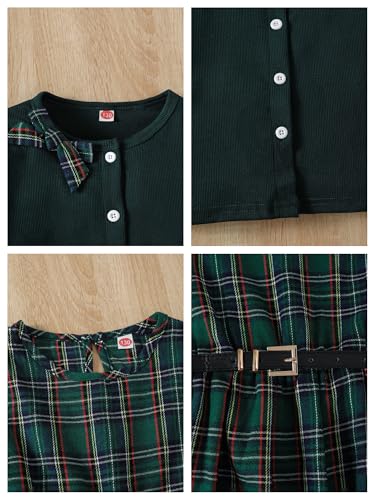 Image of PureChapter Girls' Preppy Clothes Plaid Vest Dress Cardigan Jacket Belt Cute Kids Clothes 7-14Y Green
