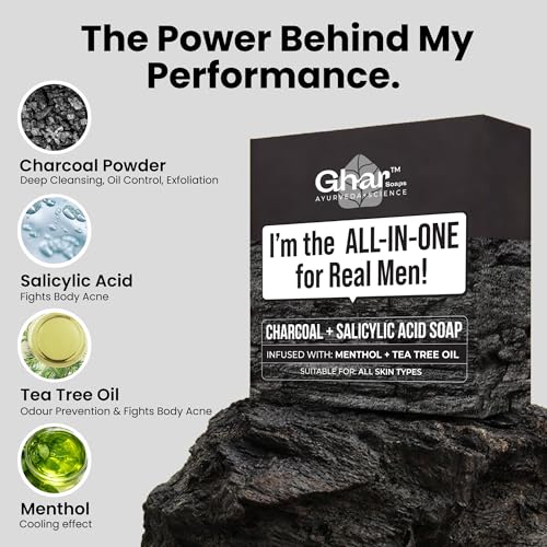Image of Ghar Soaps activated Charcoal Deep Cleansing Soap | For reducing body acne, controlling oil and odour | With Charcoal Powder, Salicylic Acid, Tea Tree Oil and Menthol | For all skin types (Pack of 1)