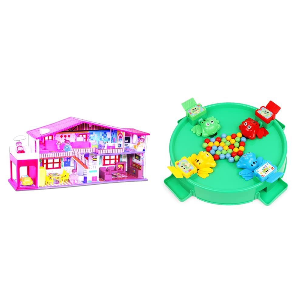 Toy Zone My Deluxe Doll House-44130 Play Set for Girls|4 Dolls,Car with Accessories|Girls Toy|Role Play Set|Doll House with Furniture| oll House Play Set for Kids|&Frog Eat Beans Game-4 Players,Multi