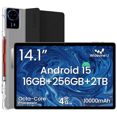 14 Inch Android 15 Tablet, 16GB RAM+256GB ROM, 1920x1200 FHD IPS Display, Widevine L1, 10000mAh Battery, 4G LTE, Wi-Fi & Bluetooth 5.0, Multi-Angle Stand Case & Stylus Pen,6ft Type-C Cable - Black