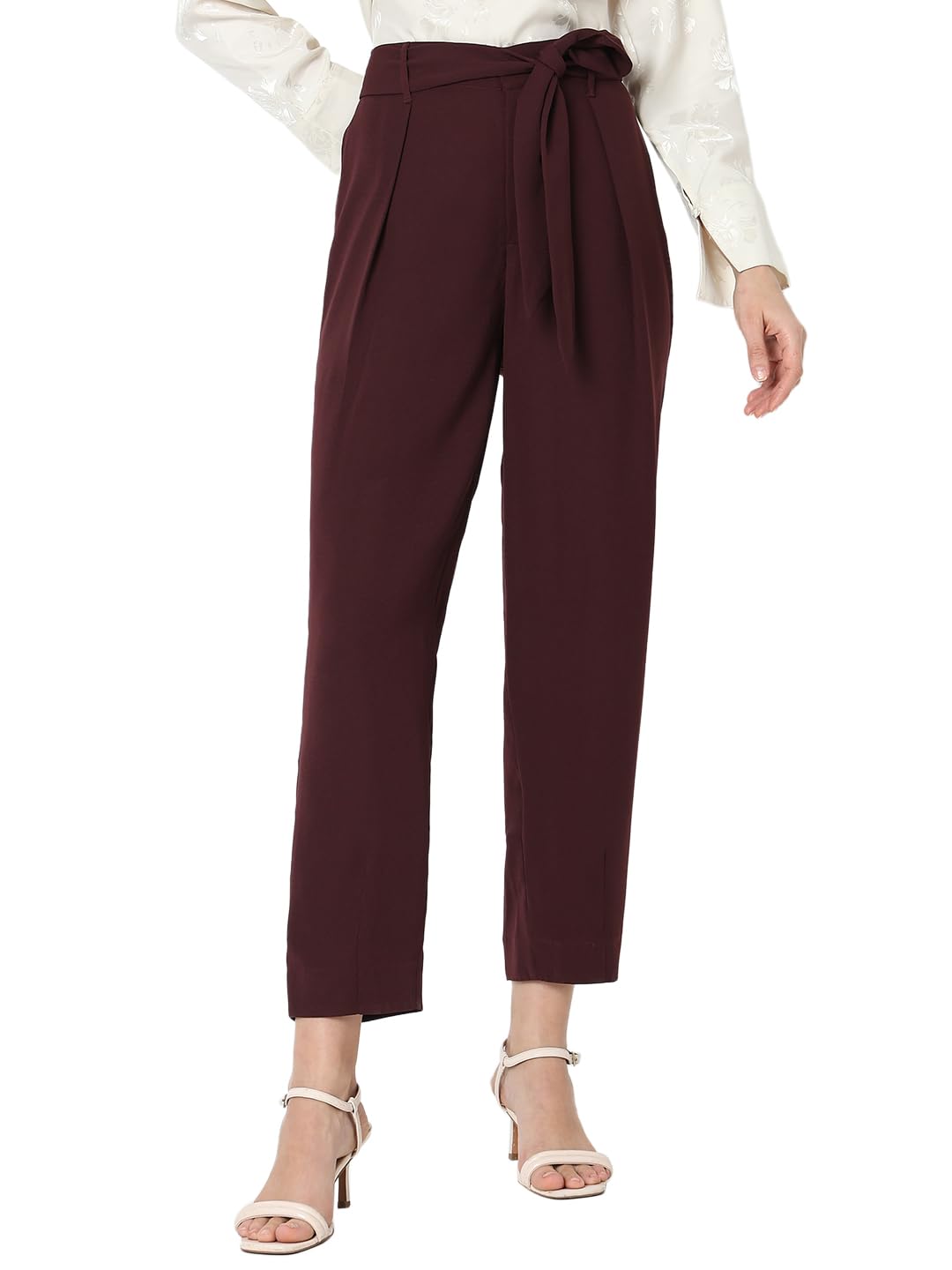Vero Moda Women Tapered Fit High-Rise Pleated Trousers in neutral