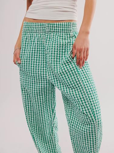 Image of YKR Plaid Pants for Women Gingham Lounge Wide Leg Low Waist Pajama Pants Elastic Waist Trousers with Pocket