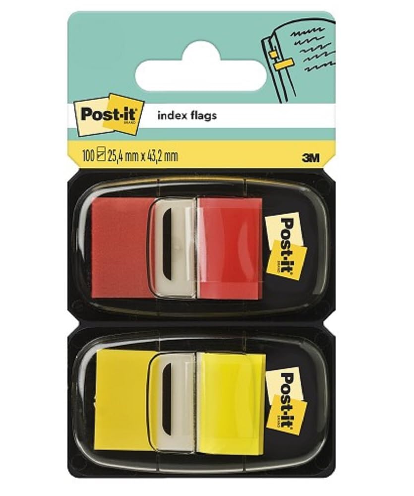 Post-it I680-RY2 index Standard, 2 x 50 pasków samoprzylepnych w dozowniku, 25,4 x 43,2 mm, czerwone, żółte