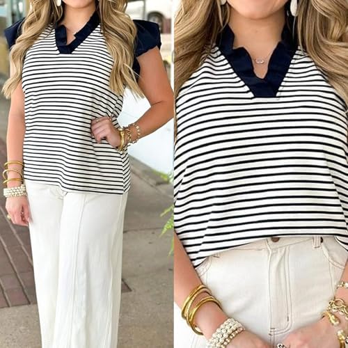 Image of Tankaneo Womens Ruffle Cap Sleeve Tank Tops Cute Summer Striped Shirts Puff Sleeve Pleated V Neck Blouse