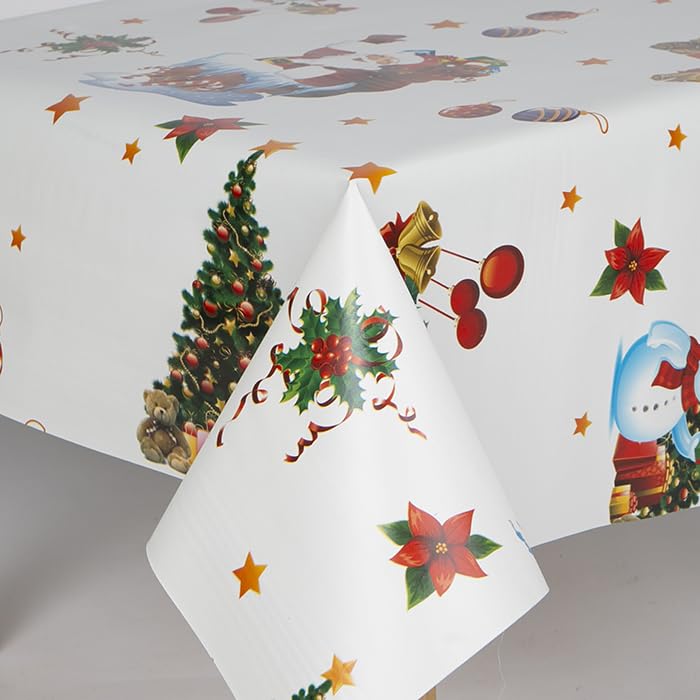 Home Expressions Christmas Tablecloth White Ground Santa on Sleigh, Christmas Tree, Snowflakes, Wipe Clean Vinyl Table Cloth/Protector Textile Backing (137cm Round)