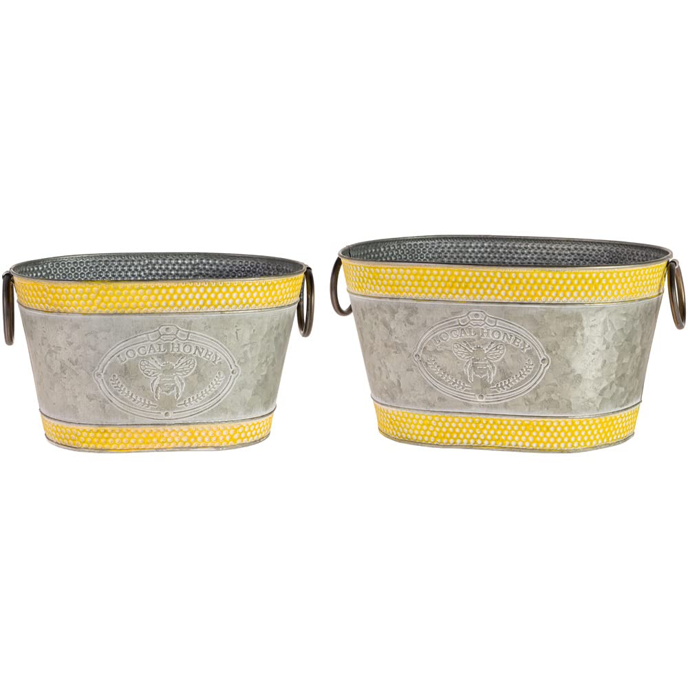 Oval Tins Set of Two Textured Galvanized Metal Pails, 2 Sizes, Bee- Local Honey