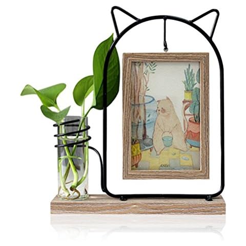 Leoyoubei Black Metal Cat Head Shape Double-Sided Hanging Picture Frame Brown Holds 2 Pcs 4x6 Inch Vertical Photos With Glass Front for Desk,With Hydroponics Plants Glass Vase-Wedding Cover