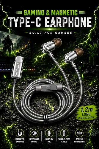 Image of ZedPunch Gaming Type-C Wired Earphone with Mic, 10mm Dynamic Bass Driver, Magnetic in-Ear Headphones, Low Latency Sound for Gaming, 1 Button Control, HD Calling, Voice Assistant (Silver Grey)