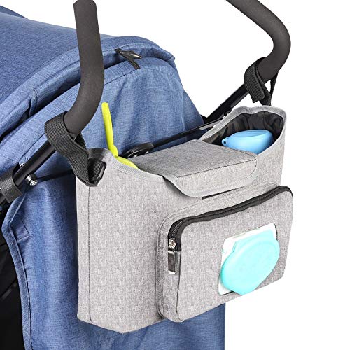 Universal Stroller Orgnanizer Bag with 2 Cup Holders, Phone Pocket, Wet Wipes Pocket & Shoulder Straps, Fits all Strollers and Pet Strollers