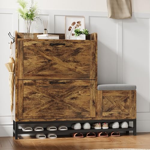 GarveeHome Shoe Cabinet with 2 Flip Drawers & Padded Seat Cushion, Narrow Shoe Organizer Rack for Entryway, Front Door, Foyer, Hallway, White