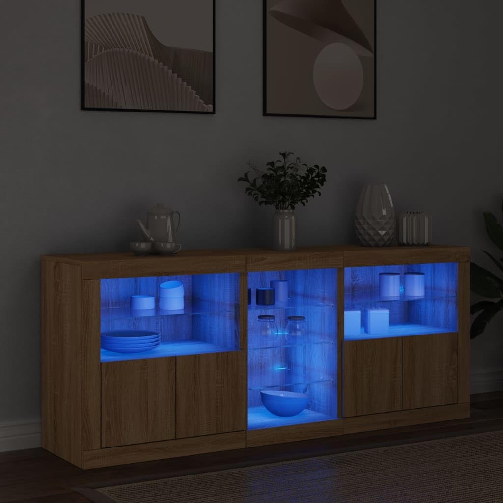 Modernes Sideboard mit LED-Lichtern, RGB, Sonoma-Eiche, 162 x 37 x 67 cm, 3 Stück, robustes Holz, viel Stauraum, praktische Türen, Displayfunktion,
