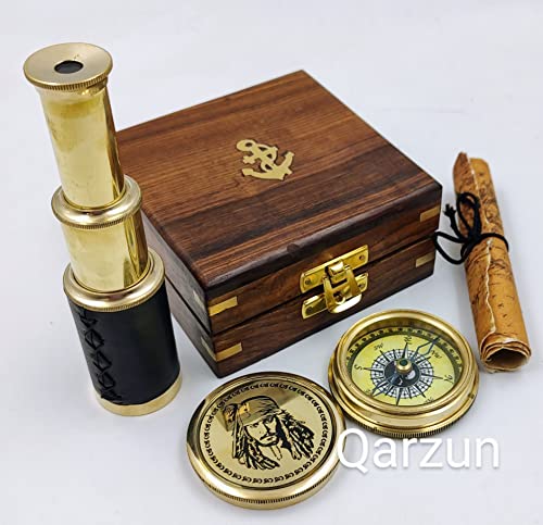 Brújula de latón con telescopio plegable en caja de madera miniatura 4