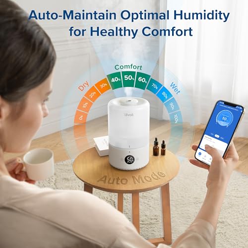 Image of LEVOIT Smart Cool Mist Top Fill Humidifiers for Bedroom with Sensor, Auto Humidity Setting, APP & Voice Control, Essential Oil Diffuser, Ultra Quiet Operation, Super Easy Top Fill, 3L, White