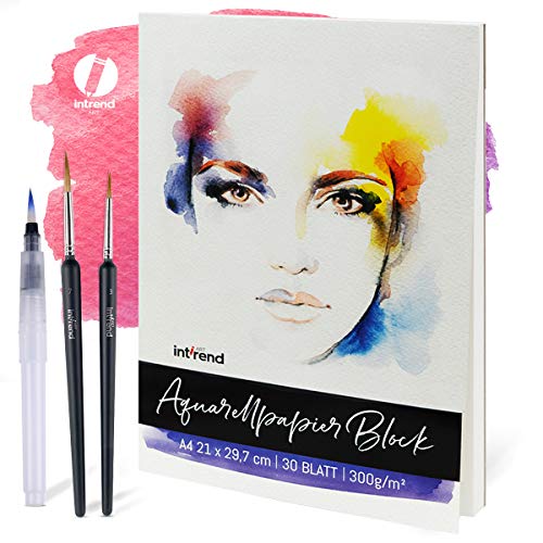 int!rend - Carta per acquerelli, 300 g, formato DIN A4, 30 fogli bianchi, incollata, blocco per acquerelli, carta acquerellabile, 2 pennelli, blocco per pittura per acquerello