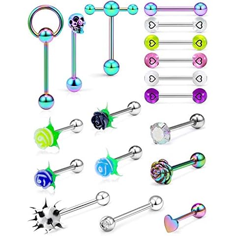 Gadeaila 18PCS 14G Tongue Rings Surgical Grade 316L Stainless Steel Straight Barbell Tongue Nipple Rings Cover