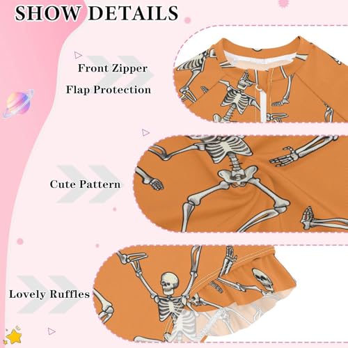 CaTaKu Girls One Piece Swimsuit Skeleton Orange Toddler Bathing Suit Long Sleeve UPF 50+ Rash Guard Swimwear 3-12Y3