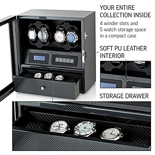 Image of 4 Watch Winder with 5 Watch Storage Space, LCD Display, Touch Control and Interior Light