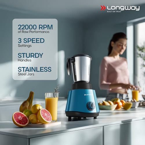 Image of Longway Super Pro Juicer Mixer Grinder | Up to 750W Max Output Powerful Motor | 4 Jars for Grinding, Mixing, Juicing | 2 Years Warranty (Blue & Black)