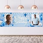 Personalized Happy Birthday Banner with Name Custom Photos Birthday Photography Background Decorations Party Supplies for Women Men (Blue and White-2 Photo)