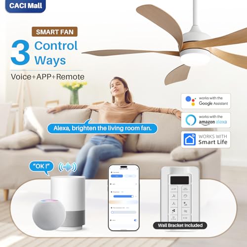 CACI Mall 52 inch Smart Ceiling Fan with Lights, Remote Control, Compatible with Alexa/Google/App, 5 Blades, Dimmable Lighting, Quiet, Indoor/Outdoor Ceiling Fans for Living Room, Bedroom, Patios by CACI Mall - Image 2