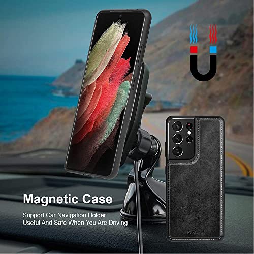 Image of PULOKA - 2 in 1 Flip Cover for Samsung S24 Ultra - Protective Case with Card & Cash Pockets - Detachable Flip Case, Kickstand & Magnetic Closure -Vegan Leather - Profesional & Premium Finish -Black