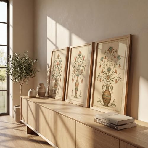 Image of NoWorries Floral Vase Wall Art Set of 3 Framed Prints | Indian Traditional Botanical Painting, Vintage Rajasthani Flower Pot Poster, Ethnic Royal Wall Decor for Living Room Bedroom Home (Synthetic Engineered Wooden Frame) (MIN -7, 10x13 inches)