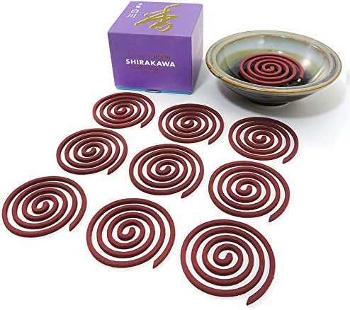 SHOYEIDO White River (Shirikawa) Incense, 10-Coil Bundle with Mountain Mist Round Ceramic Incense Holder
