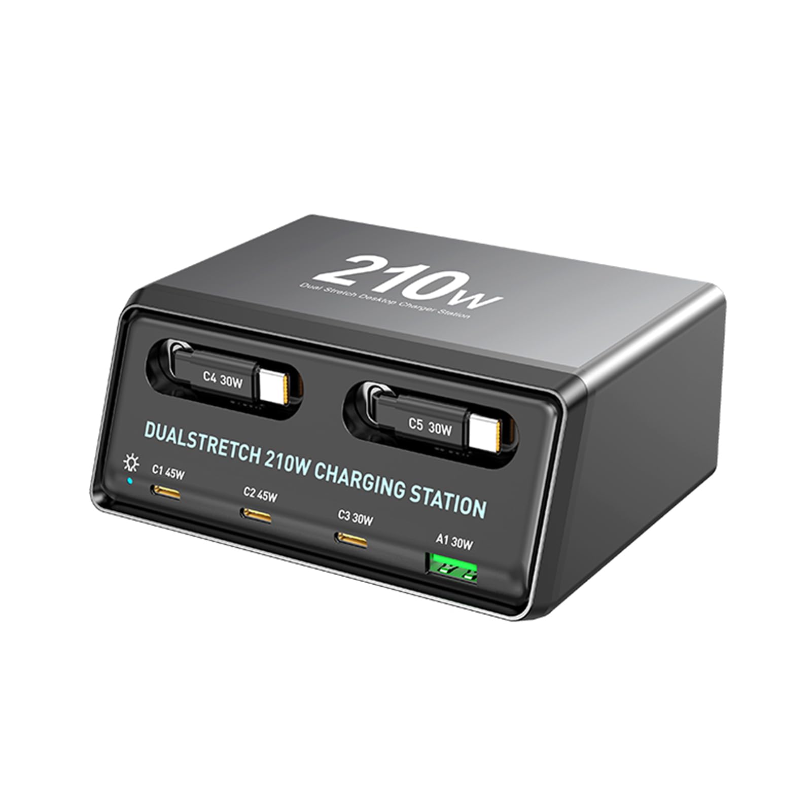 Fockety Tisch-Ladestation, 210W-Ladegerät mit 6 USB C-Anschlüssen und Zwei einziehbaren PD-Kabeln, PD-Ladegerät mit 45W und 30W für das Homeoffice, Gaming-Schreibtischzubehör (EU-Stecker)