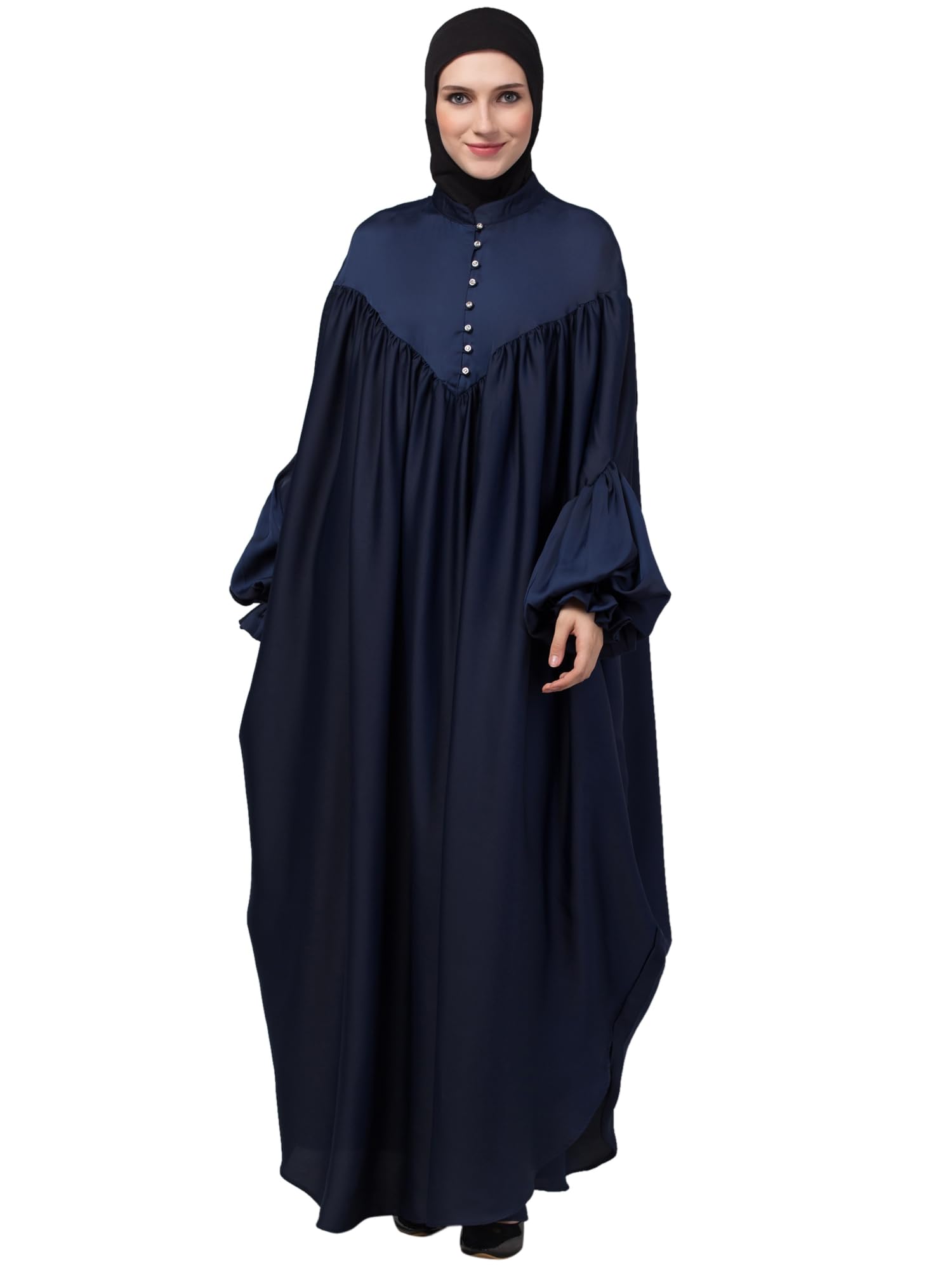 Nazneen Yoke and Gathered Front and Back Pleated sleeve Free size Kaftan abaya NHF1047 Navy Kaftan-image-17