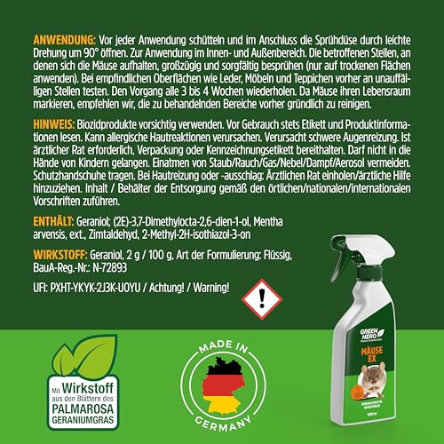 Mäuse Ex Spray zur Mäuseabwehr & Rattenabwehr, 500 ml Mäuseschreck gegen Mäuse & Ratten, Abwehrmittel für Haus, Dachboden, Garten & Outdoor, Mäusespray zum Vertreiben und als Abschreckung