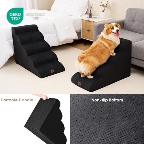 EHEYCIGA Hundetreppe für Kleine Hunde 50 cm Hoch, Haustiertreppe für Sofa Bett, Treppe für Hunde aus Hochdichtem Schwamm, Hunderampe mit Waschbarem Bezug und Rutschfestem Boden, 4 Stufen, Schwarz