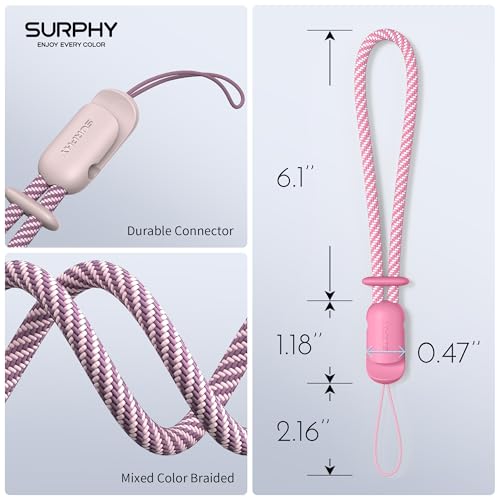 Image of SURPHY 2 Pack Phone Lanyard, Phone Wrist Strap for Case, Camera Wrist Strap | Ultra-Light 2-Color Braided Phone Strap, Cellphone Charm Strap, Anti-Lost Wrist Lanyard for Women and Men, Pink Rose Pink