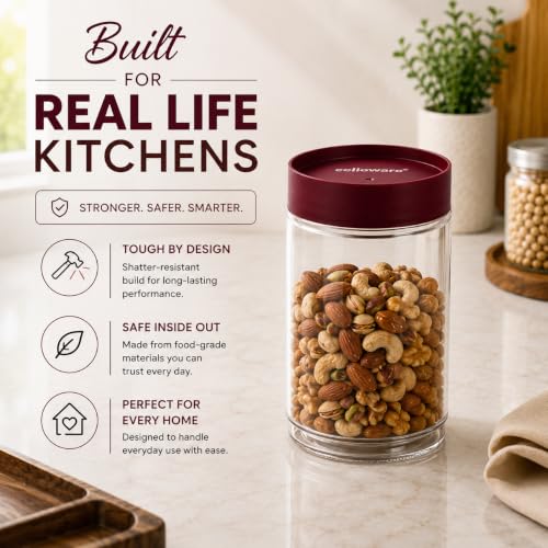 Image of CELLO Modustack Pet Storage Jar For Kitchen Set of 9 Pcs (1000ml x 2, 750ml x 2, 500ml x 5) Maroon | Freezer & Fridge Safe, Airtight Pet Kitchen Storage Box Container For Beans, Whole Grains, Spices