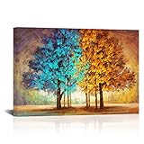 KLVOS Abstract Tree Painting Wall Art Teal Blue and Yellow Tree Canvas Pictures Vivid Artwork...