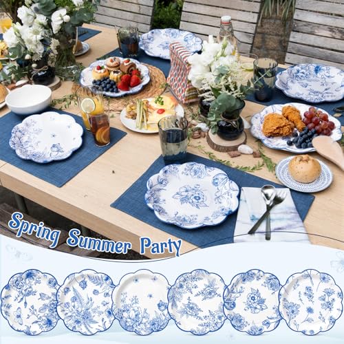 Image of Funnymoom 60 Pcs 7 Inch Blue Floral Plate Blue and White Toile Scalloped Paper Plates for Dessert Disposable Vintage Flower Party Decor Tableware for Spring Wedding Bridal Shower Tea Party Supplies
