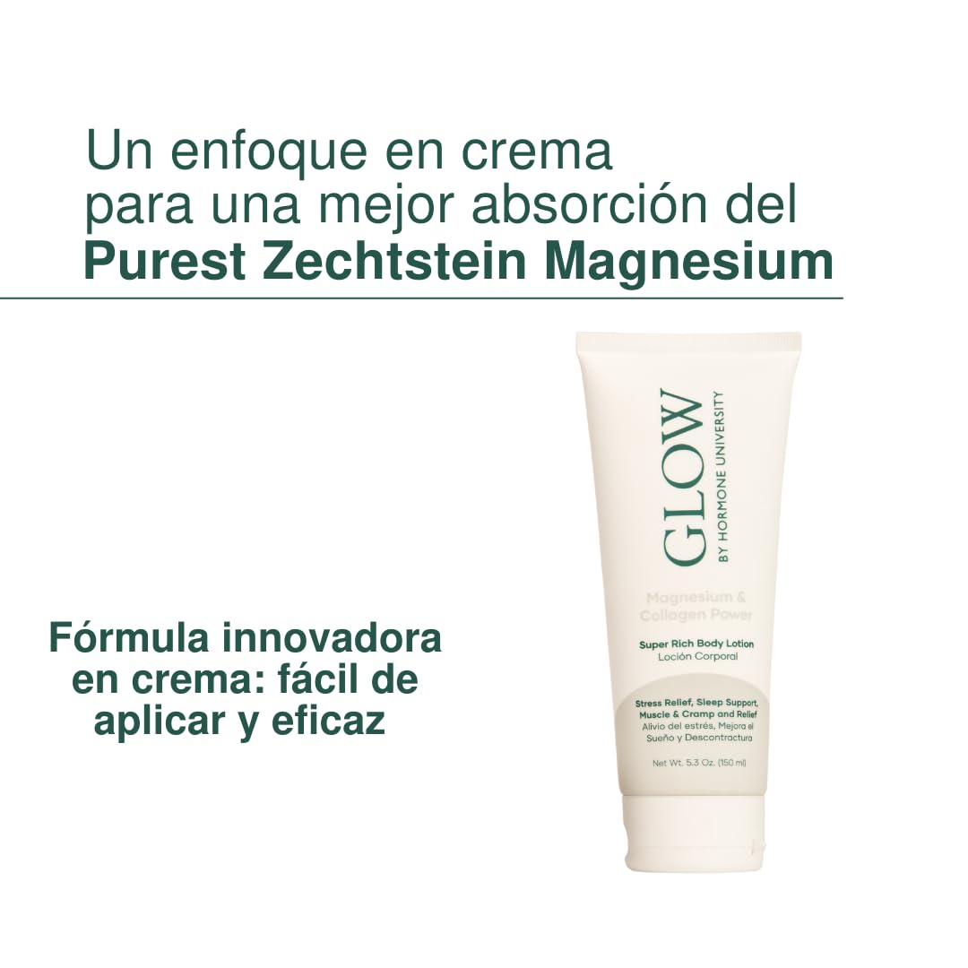 Glow by Hormone University Loción Corporal de Magnesio con Colágeno | Rutina antes de dormir, Concentración más alta de cloruro de magnesio, Cloruro de magnesio genuino Zechstein