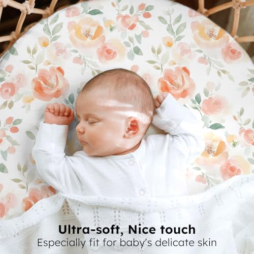 Image of Baby Bassinet Sheets, 3 Pack Fitted Bassinet Mattress Sheets, Compatible with Halo Bassinest Swivel Sleeper & Oval Hourglass Rectangle Mattress, Ultra Soft Orange Watercolor Flower