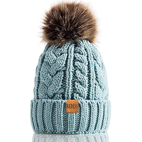 REDESS Women Winter Pompom Beanie Hat with Warm Fleece Lined, Thick Slouchy Snow Knit Skull Ski Cap