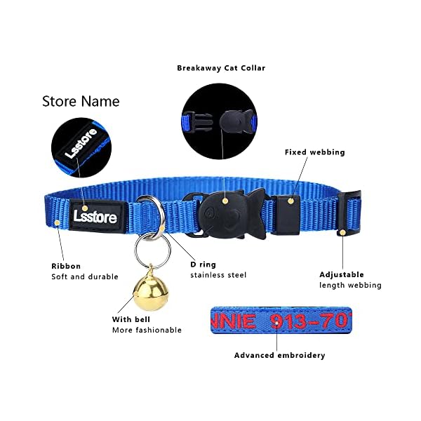 Personalized nylon cat collar breakaway with bell - custom embroidered text id collars with pet name and phone number - image 4