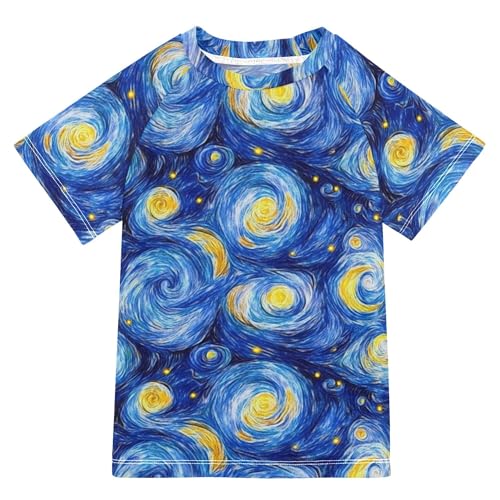 Blue Starry Night Oil Painting Girls Bathing Suit Sun Protection Girls Rash Guard Swimwears Athletic Tops for Youth Boy 4T