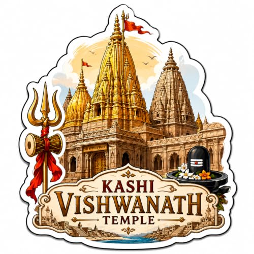 Image of Kashi Vishwanath Temple Theme Wooden Fridge Magnet Souvenir | 3x3 in Kitchen Home Decor Gift