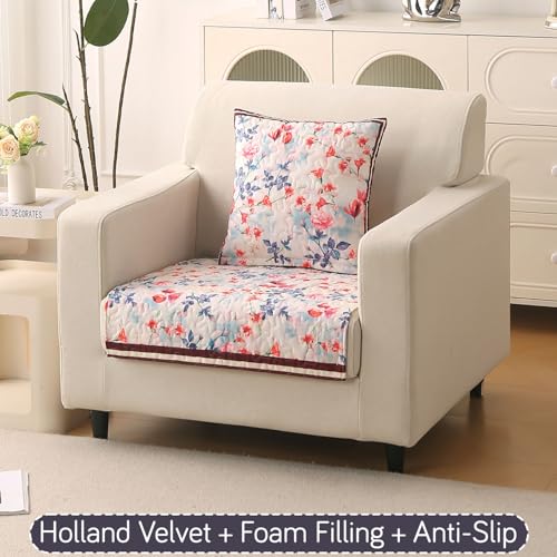 Image of HOKIPO 'Florentina Series' Premium Holland Velvet Sofa Cover Mat for 1 Seater Sofa with Foam Filling for Extra Softness, Anti-Slip Backing, Scarlet Rose Ivory (IN-878-V4*1)