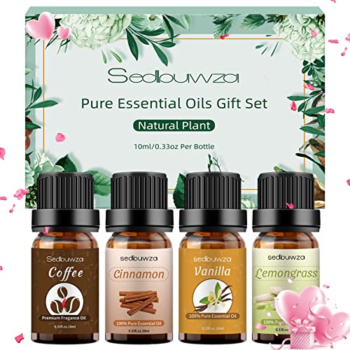 Sedbuwza 4 Pack Essential Oils Gift Set - Organic Diffuser Oil for Home Care, Candle Making, Humidifiers - Coffee, Vanilla, Cinnamon, Lemongrass Essential Oil