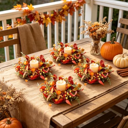 Image of 6 PCS Fall Candle Ring Wreaths Artificial Autumn Candle Holder Wreath | Thanksgiving Candle Ring with Berries Eucalyptus Forsythia for Farmhouse Harvest Pillar Candles Table Centerpiece Decor