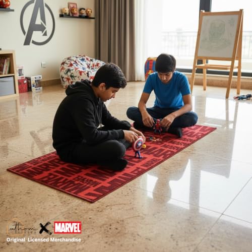 Image of Athom Living Red Marvel Runner Carpet 2x4.5 Ft, Soft Printed Mat with Anti-Skid Backing, Durable Washable Runner for Kids Bedroom, Play Area & Playroom Decor