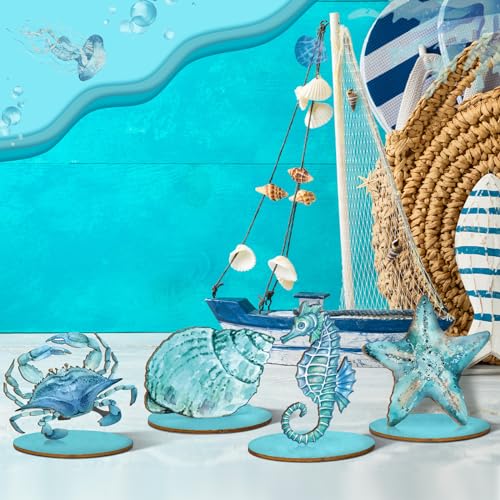 Image of Threehoney 10 Pcs Ocean Wood Table Sign Under The Sea Wooden Beach Table Decor Sea Animal Coastal Beach Centerpiece Nautical Block Summer Decoration for Home Party Supplies(Classic Style)